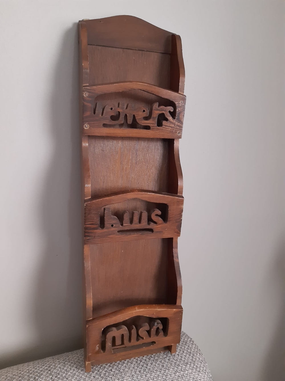 Vintage Carved Wood Wall Pocket Organizer in Brown